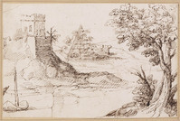 K V 028
<br/>
Vierkante toren en piramide bij rivier
<br/>
<em>Allegrini, Francesco (1624-1684)</em>